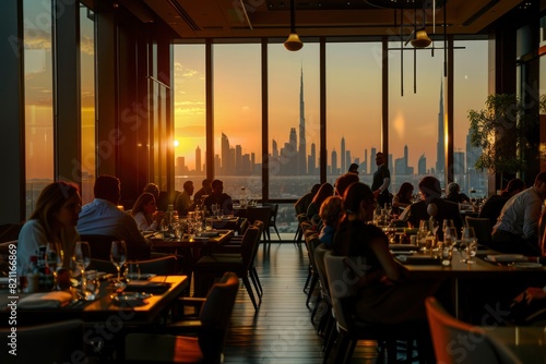 Elegant Dining Experience at Sunset with Skyline View