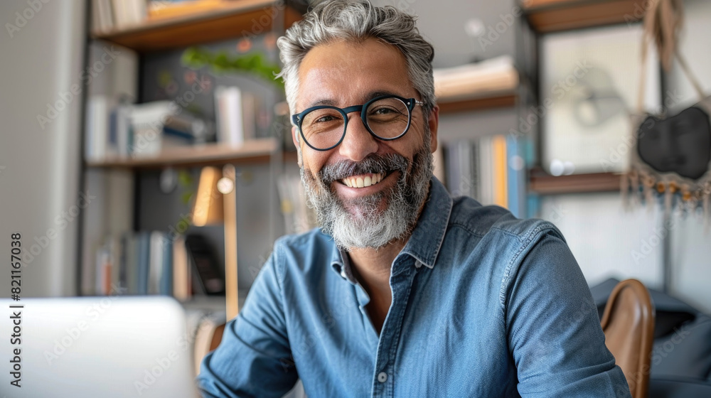 Mature man with a beard and glasses sits in front of a laptop, focused on his work Mature man with a beard and glasses sits in front of a laptop, focused on his work