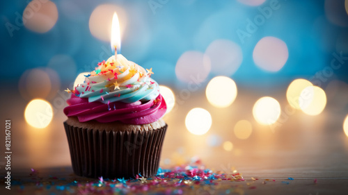 A birthday cupcake with chocolate and colorful candles and a hearts of light on the background