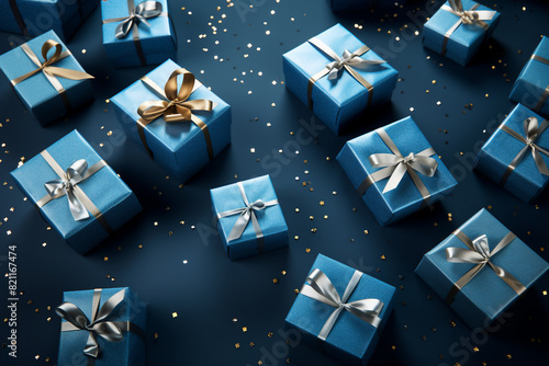 romantic blue background with a small pile of wrapped gift boxes at one side seen from above for a birthday photo