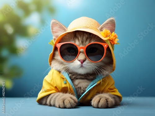 A happy smiling cat wearing sunglasses and going to the summer sea © Ai Studio