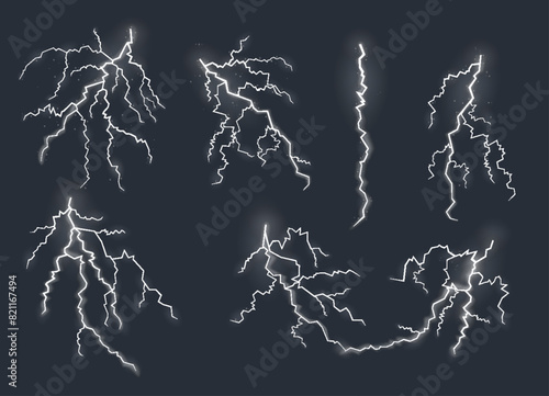 Lightning effects, natural strength symbols. Set of zippers, thunderstorm rays and lighting, electric power charge. Vector isolated on dark background © designer_things