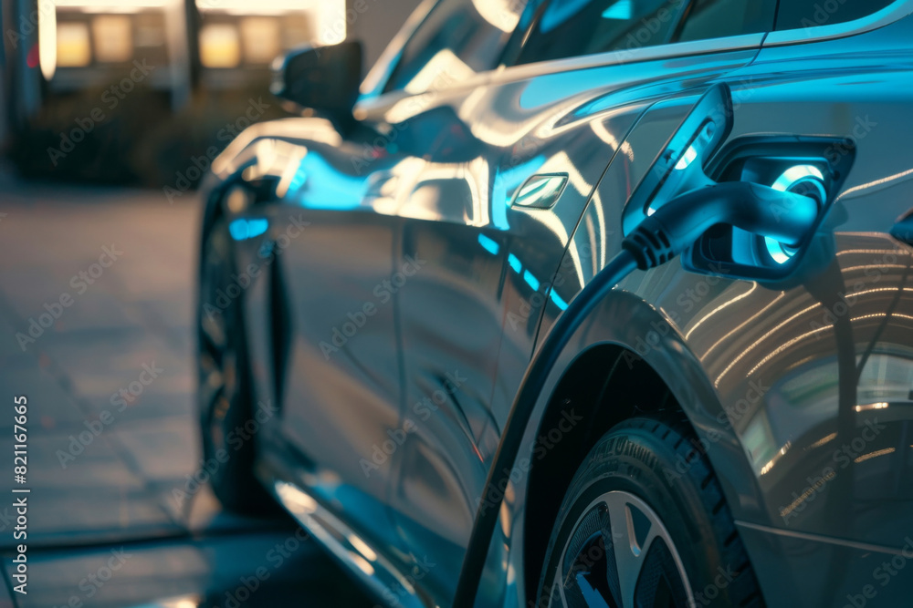 Modern electric car charges at a station against the backdrop of twilight, showcasing sustainable transportation and cutting-edge technology Modern electric car charges at a station against the backdrop of twilight, showcasing sustainable transportation and cutting-edge technology