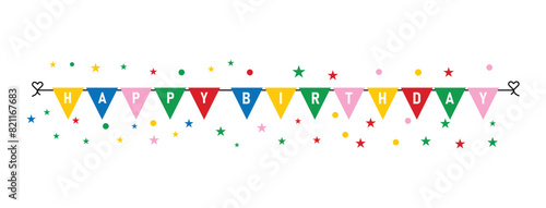 Happy birthday colorful decorative flags with text banner  Background