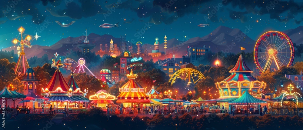 Obraz premium Clean and vibrant illustration of a summer fair with rides, food stalls, and people having fun, close-up perspective