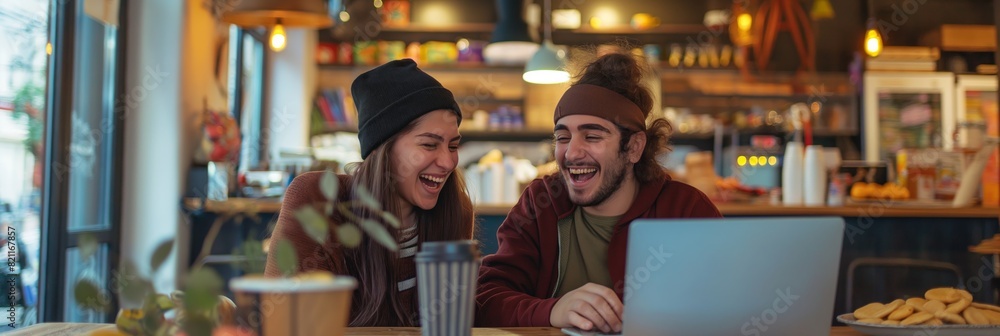 Fototapeta premium Two joyful friends sharing a laugh while looking at a laptop screen in a cozy cafe setting