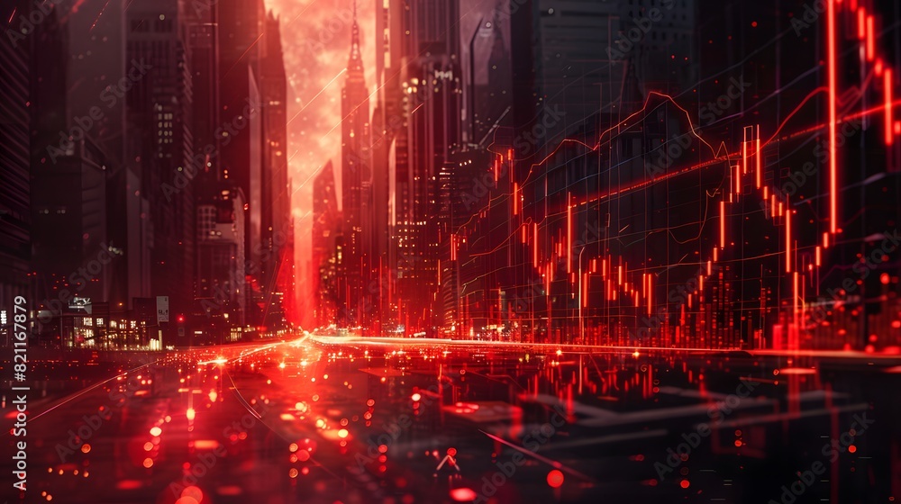 Stock market crash depicted with falling red line, cyberpunk, dark tones