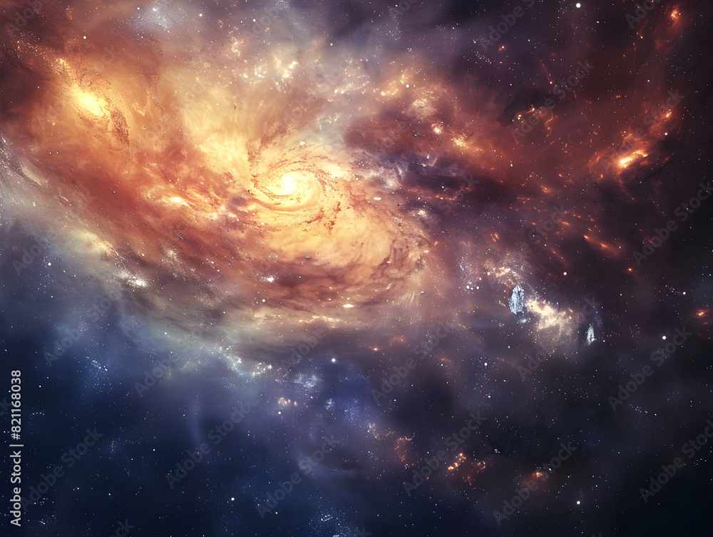 Fototapeta premium Stunning Spiral Galaxy with Luminous Core and Vibrant Colors Mesmerizing View of Universe' Swirling Beauty in Deep Space, Featuring Stars, Nebulae, and Infinite Expanse Cosmic Art