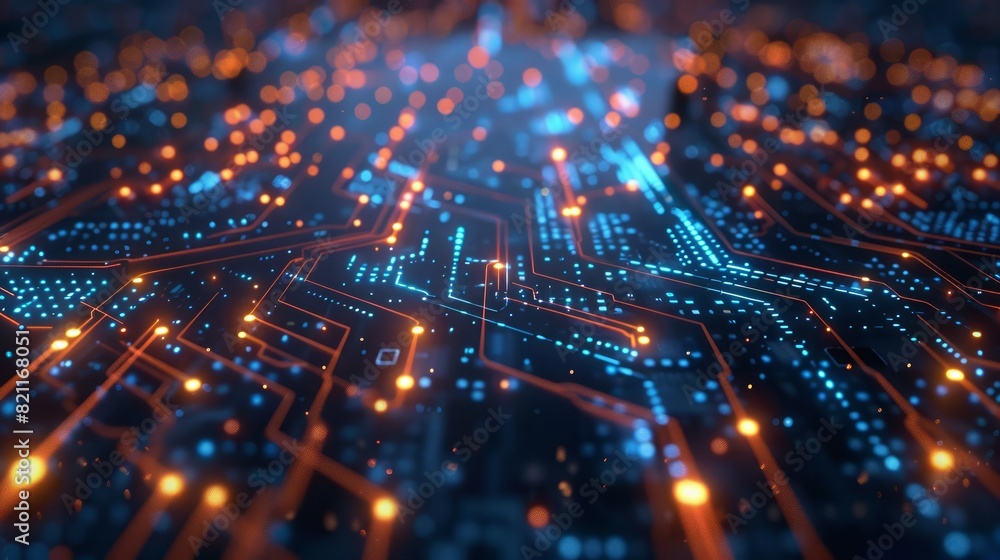 A computer chip with a blue and orange background A computer chip with a blue and orange background