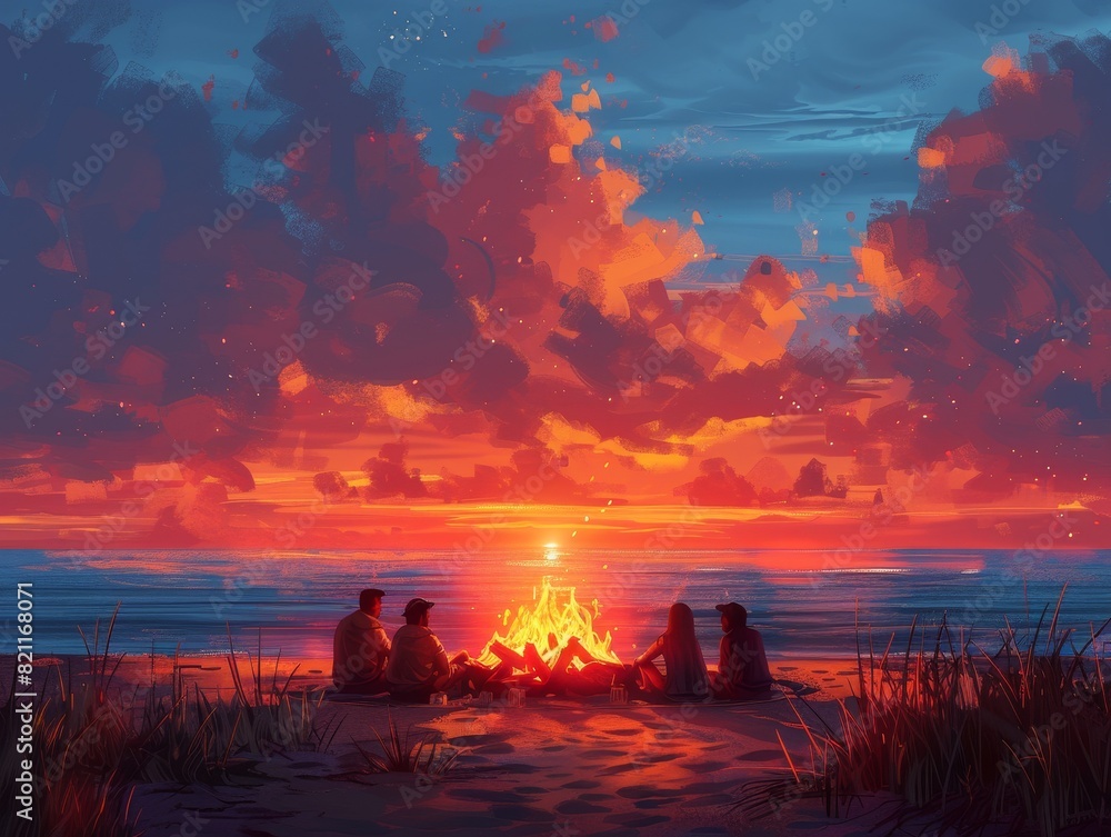 Clean illustration of a beach bonfire with friends sitting around, roasting marshmallows, and enjoying the sunset, close-up Clean illustration of a beach bonfire with friends sitting around, roasting marshmallows, and enjoying the sunset, close-up