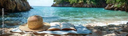 Close-up of a sunhat and a book on a beach towel, clean and relaxing summer scene