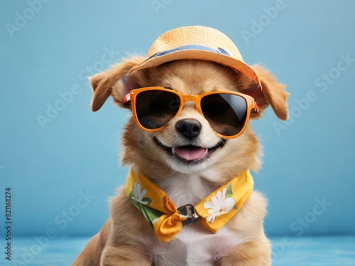 A happy smiling dog wearing sunglasses and going to the summer sea © Ai Studio