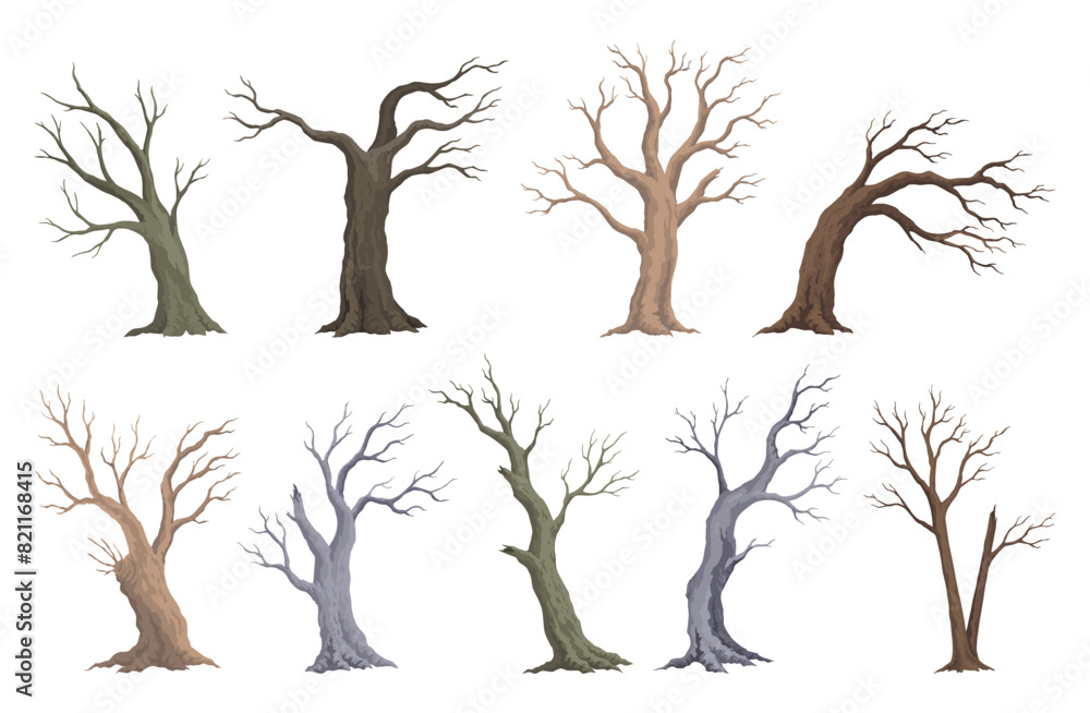 Old dead tree set. Hand draw leafless trunks. Winter or autumn season plants icons, dry naked branch silhouette. Nature ecology problems concept. Isolated vector illustration