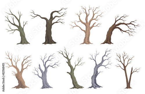Old dead tree set. Hand draw leafless trunks. Winter or autumn season plants icons  dry naked branch silhouette. Nature ecology problems concept. Isolated vector illustration