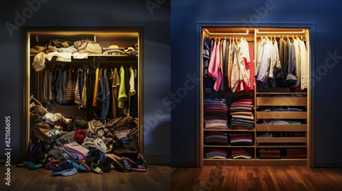 award winning photography, billboard advertisement, Fast Fashion vs Timeless One side depicts a cluttered closet filled with trendy, disposable clothing under harsh lighting, highl