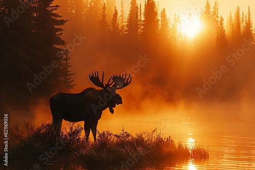 Early morning scene with a moose backlit by the sun  the rising mist adding a dreamy quality to the landscape