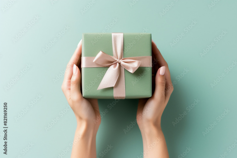 Minimal green background with woman hands holding a wrapped gift box seen from above for a birthday Minimal green background with woman hands holding a wrapped gift box seen from above for a birthday
