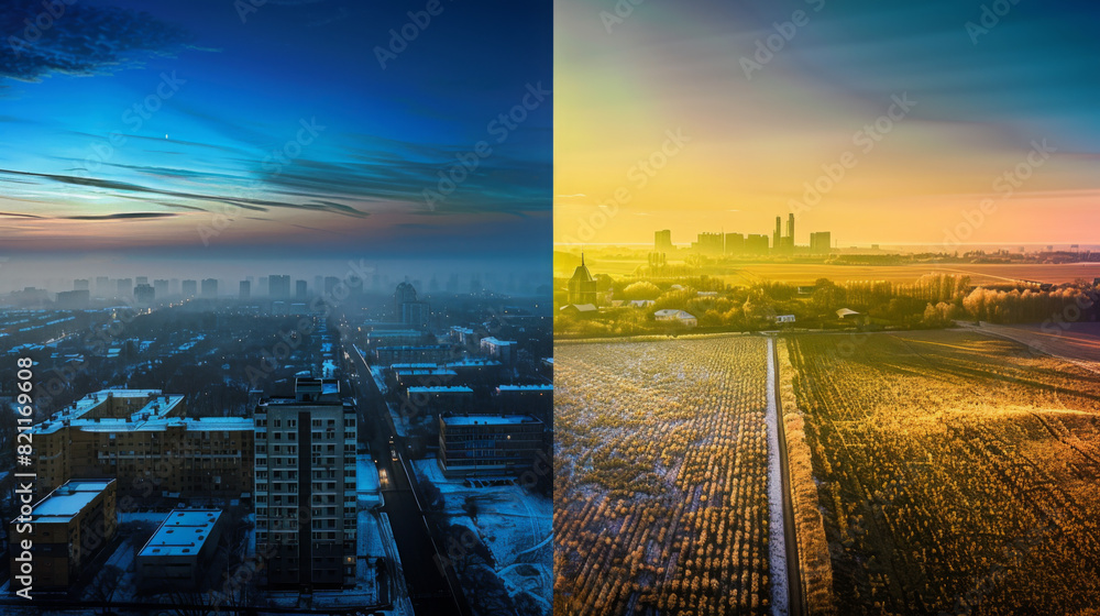 award winning photography, billboard advertisement, Frozen Urban Dawn vs Warm Rural The left half shows an early, frosty morning in an urban setting, the cool blue light of dawn en award winning photography, billboard advertisement, Frozen Urban Dawn vs Warm Rural The left half shows an early, frosty morning in an urban setting, the cool blue light of dawn en