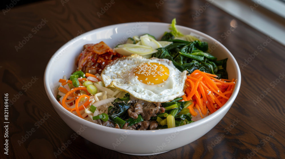 Tasty korean bibimbap bowl with rice, sautéed vegetables, beef, a fried egg, and spicy gochujang sauce, presented on a wooden table Tasty korean bibimbap bowl with rice, sautéed vegetables, beef, a fried egg, and spicy gochujang sauce, presented on a wooden table