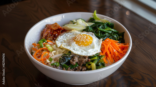 Tasty korean bibimbap bowl with rice, sautéed vegetables, beef, a fried egg, and spicy gochujang sauce, presented on a wooden table