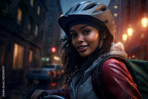 A beautiful young adult of South-African hipster woman riding her bicycle to work, a frontside portrait of a woman commuting on a bicycle on a rainy day in an urban street at midnight © pangamedia