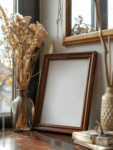 Empty frame on minimalist mahogany wooden desk  furniture  interior design