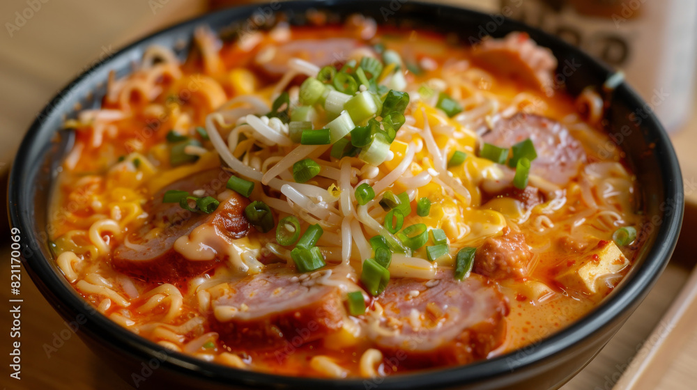Delicious spicy korean ramen served in a classic black bowl, topped with green onions and sliced sausage, steaming hot Delicious spicy korean ramen served in a classic black bowl, topped with green onions and sliced sausage, steaming hot