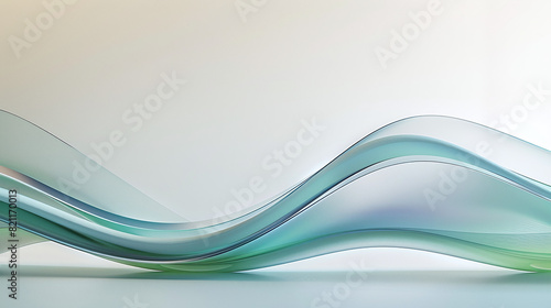 3D abstract background, semi transparent pale green waves on light grey