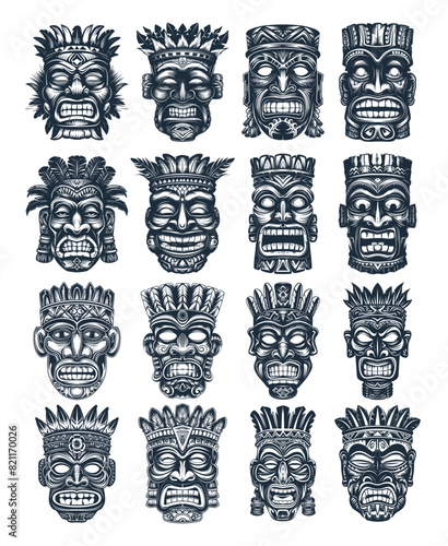African masks ink sketch vector set. Idol creepy natives face hiding totem tribal polynesian god ethnic hawaiian cult traditional scary patterns accessory, illustrations isolated on white background