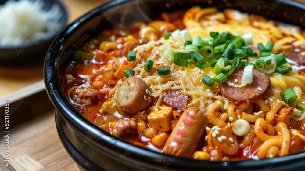 Close-up of korean cheese tteokbokki in a black bowl, topped with green onions, sesame seeds, and mixed ingredients Close-up of korean cheese tteokbokki in a black bowl, topped with green onions, sesame seeds, and mixed ingredients