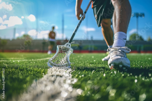 Close-up of a lacrosse player's feet and stick on the field, capturing the intensity and precision of the sport in action photo