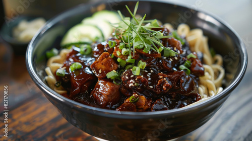 Jajangmyeon: a delectable korean noodle dish with savory black bean sauce, diced meat, cucumbers, and sesame seed garnish photo