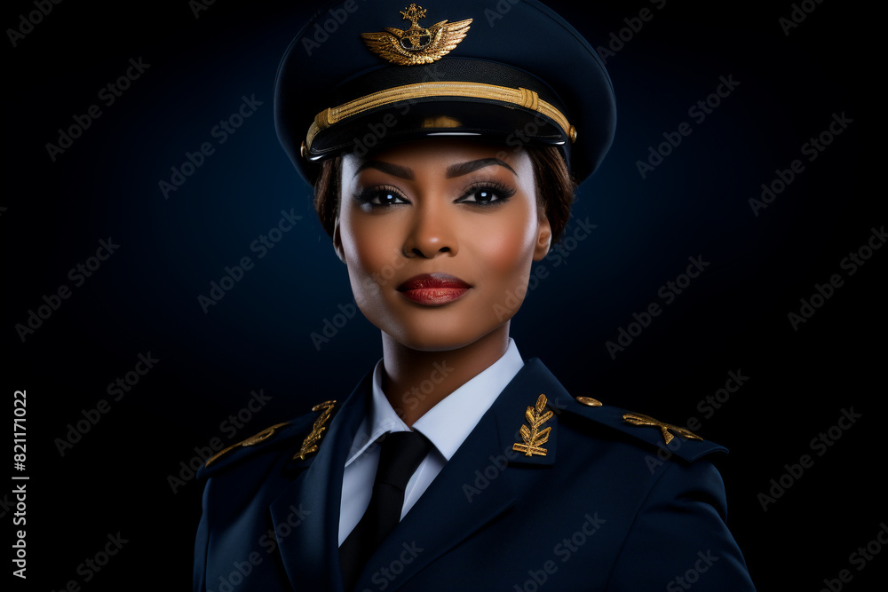 An adult South-Africanfemale captain isolated with a black background wearing a modern captain pilot costume An adult South-Africanfemale captain isolated with a black background wearing a modern captain pilot costume
