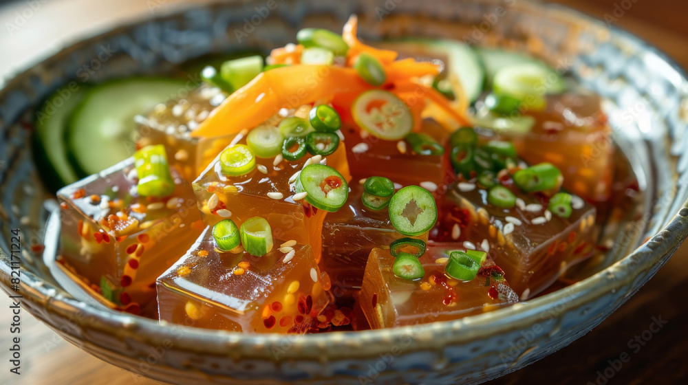 Captivating korean acorn jelly salad with fresh vegetables embodies the flavors of asian cuisine Captivating korean acorn jelly salad with fresh vegetables embodies the flavors of asian cuisine