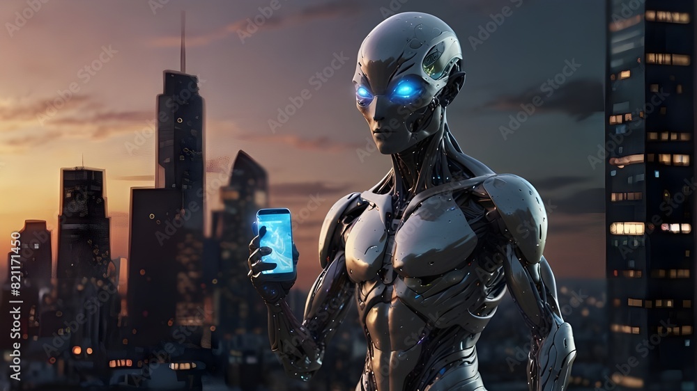 A majestic alien with iridescent scales and a magnifying lens for an eye, standing tall in a futuristic cityscape. The AI technology in its hand glows with power, ready to create and innovate A majestic alien with iridescent scales and a magnifying lens for an eye, standing tall in a futuristic cityscape. The AI technology in its hand glows with power, ready to create and innovate