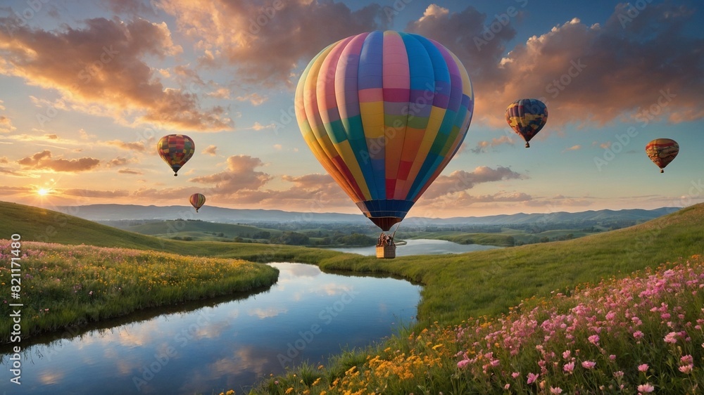 Fototapeta premium Colorful hot air balloon preparing for takeoff near serene river that meanders through lush green landscape dotted with pink wildflowers under vibrant sunset sky.