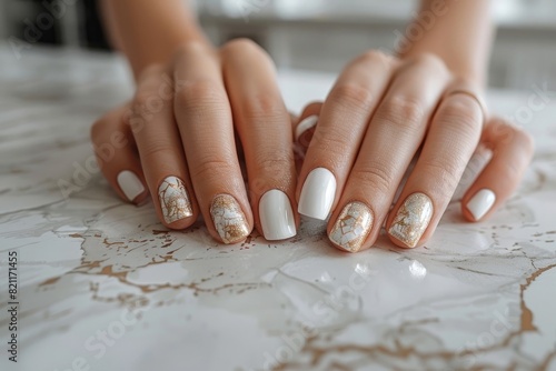 A chic marble-inspired nail design adorned with metallic foil accents  showcased on perfectly manicured hands against a marble countertop.
