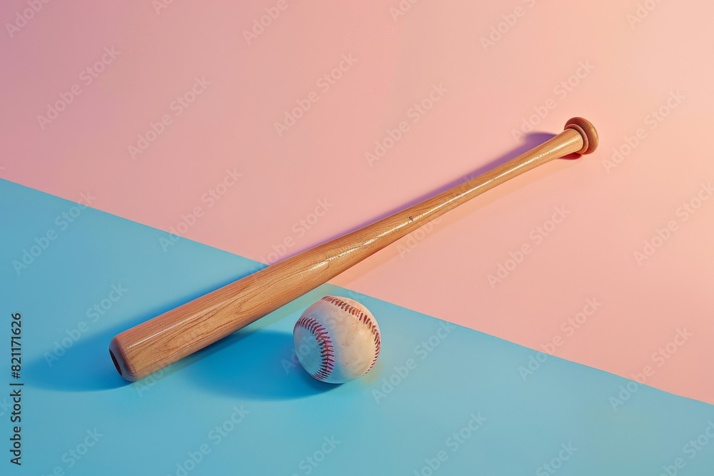Wooden baseball bat and ball rest on a split pink and blue background, offering a vibrant, minimalist sports concept Wooden baseball bat and ball rest on a split pink and blue background, offering a vibrant, minimalist sports concept