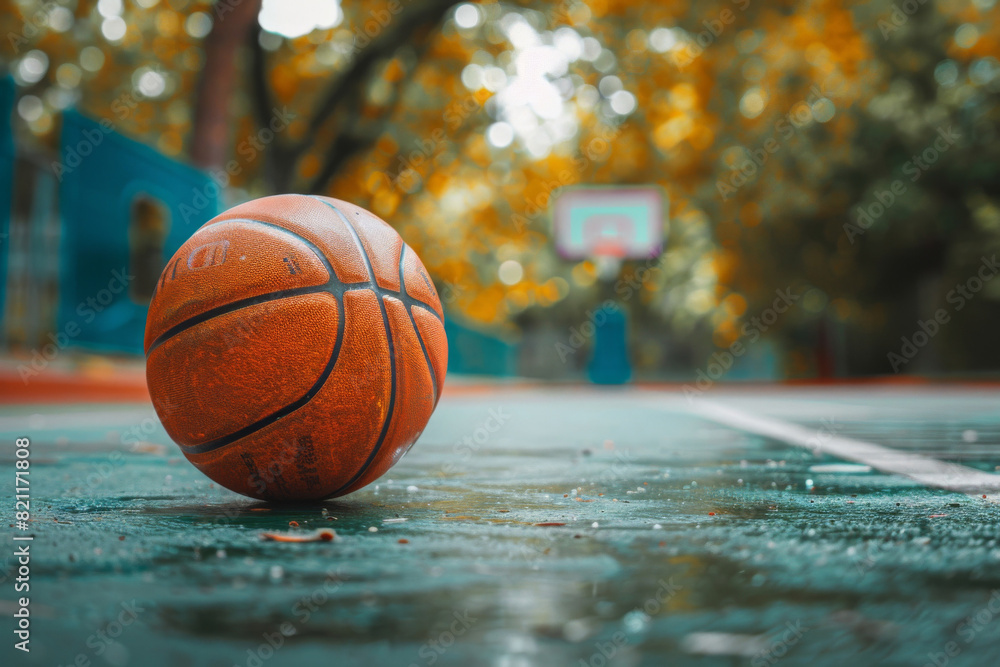 Close-up of an orange basketball on a wet court with vibrant fall foliage and an empty hoop in the background Close-up of an orange basketball on a wet court with vibrant fall foliage and an empty hoop in the background