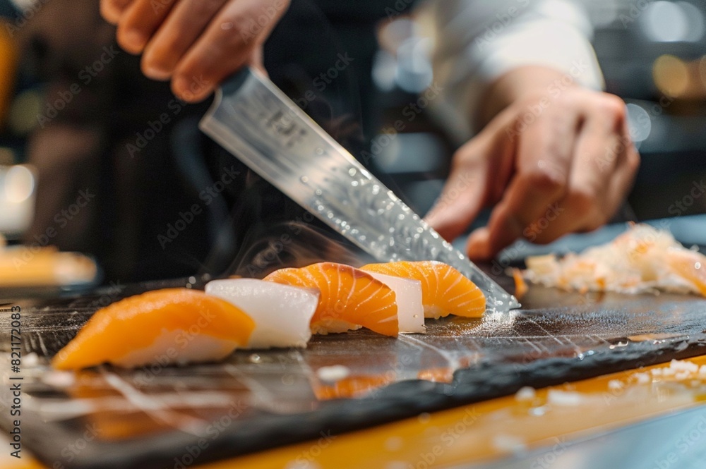 Obraz premium Sushi chef transforms simple ingredients into culinary masterpieces. The precise knife skills, the delicate handling of the fish