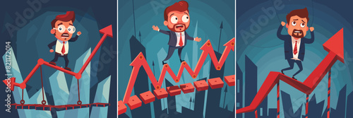 Balancing businessman cartoon vector concepts. Male silhouette suit tightrope walker bearded character, volatility precision investment neatness management illustration