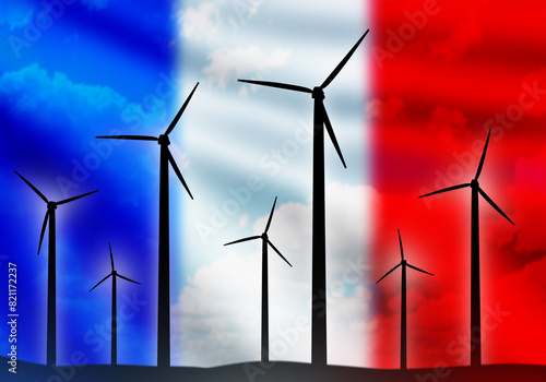 Wind turbines. Flag of Fran...