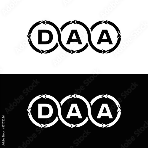DAA logo. D A A design. White DAA letter. DAA, D A A letter logo design. D A A letter logo design in FIVE, FOUR, THREE, style. letter logo set in one artboard. D A A letter logo vector design.	
