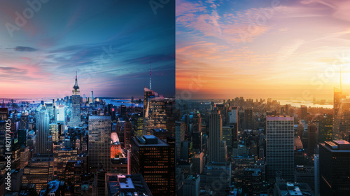 award winning photography, billboard advertisement, Urban Skyline vs Natural The left half captures a city's skyline at twilight, buildings aglow with cool, artificial light, symbo photo