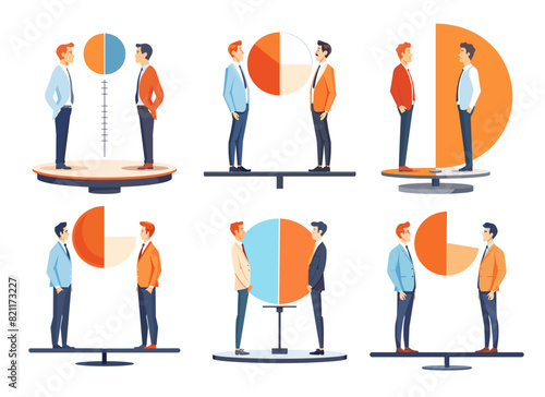 Business comparison cartoon vector concepts. Men businessmen full growth each other looking graphs charts modern benchmarking competitors characters, performance quality assessment illustration