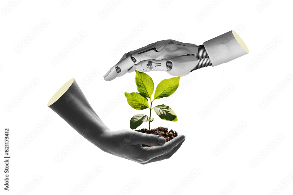 Robot hand and human hand holding a young plant isolated against free ...