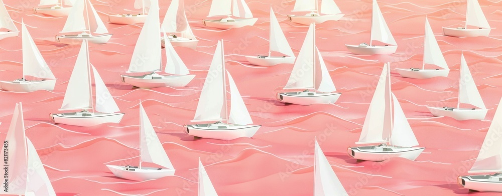 Sailing boats in pink sea sand paper art style 3d illustration for travel and art themes