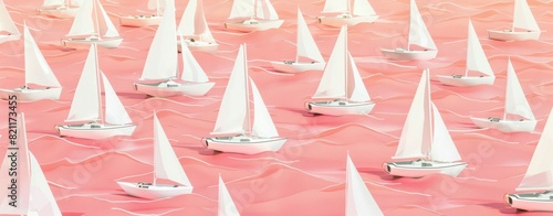 Sailing boats in pink sea sand paper art style 3d illustration for travel and art themes