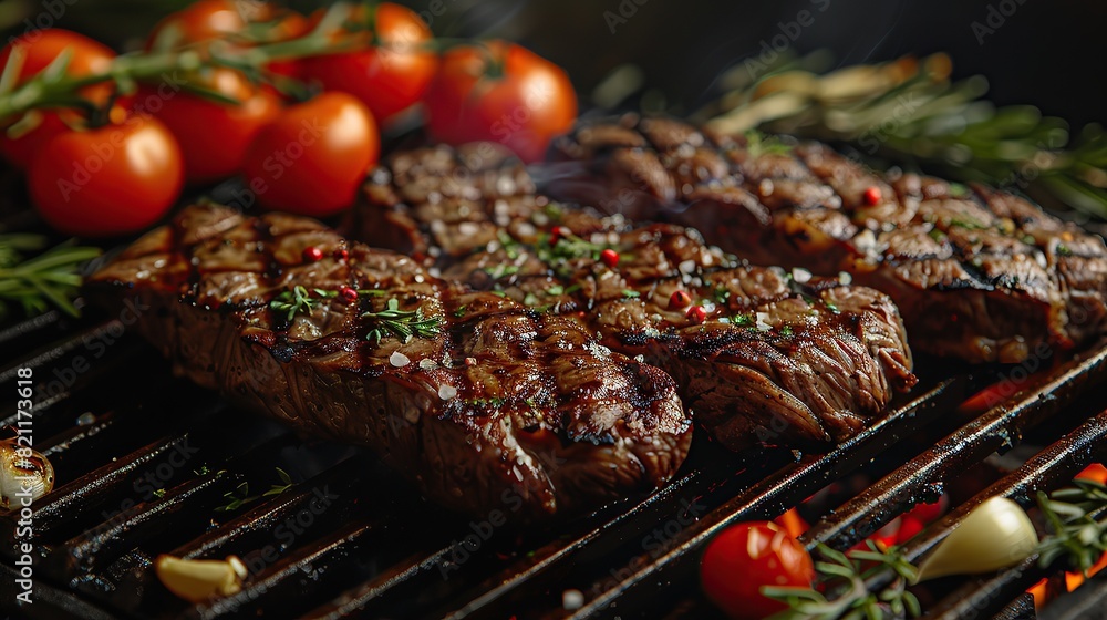 Delicious fresh meat steak with garlic and herbs Delicious fresh meat steak with garlic and herbs