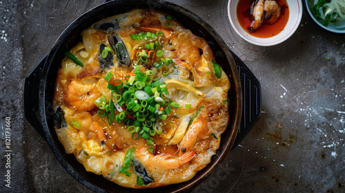 Korean seafood pancake, haemul pajeon, served in a black pan with green onion garnish and side dishes
